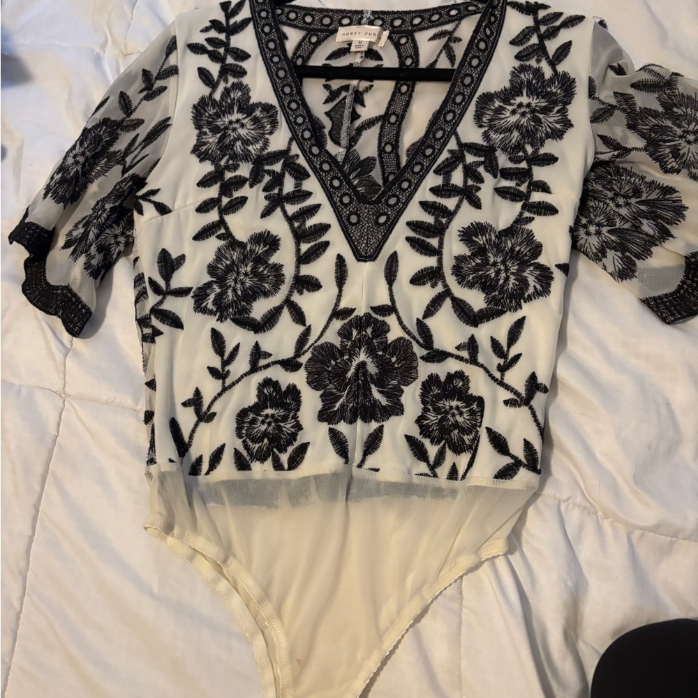 Honey Punch Sheer Black Floral Bodysuit